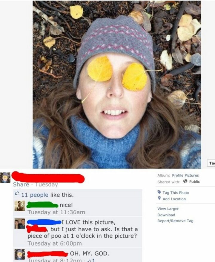 "Nice! I LOVE this picture, but I just have to ask. Is that a piece of poo at 1 o'clock in the picture? OH. MY. GOD."