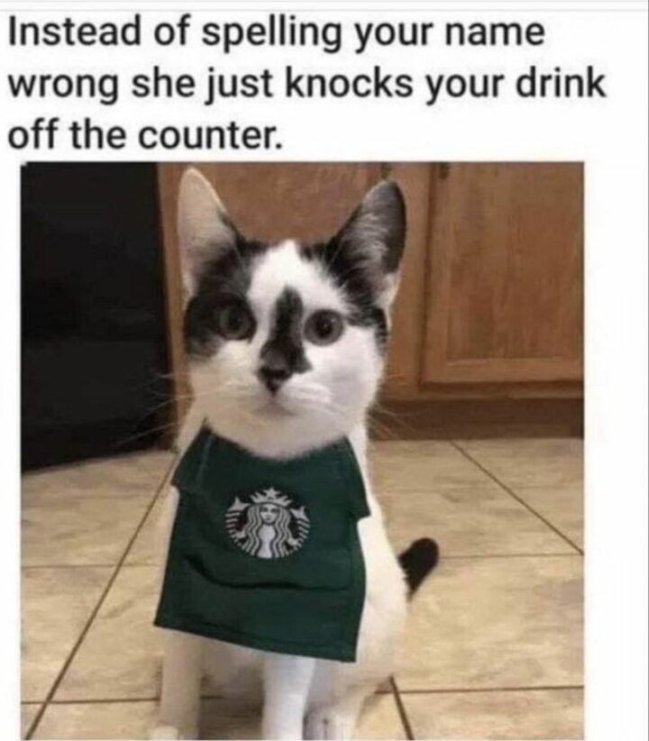 "Instead of spelling your name wrong she just knocks your drink off the counter."