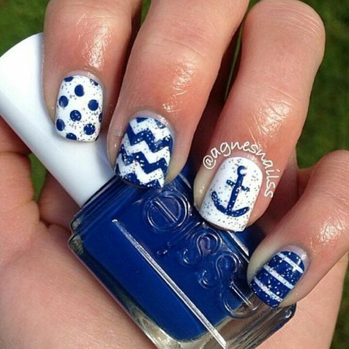Blue and White Chevron Nautical Nails With Silver Glitter and Anchor.