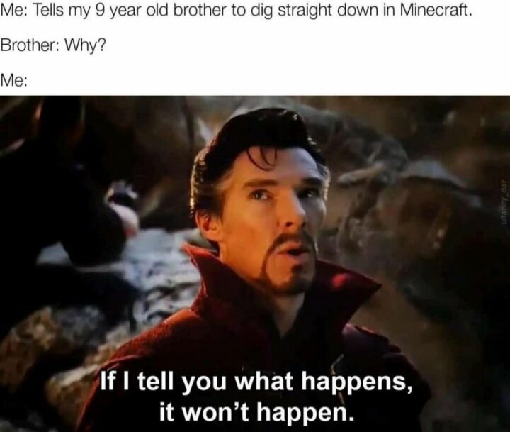 "Me: Tells my 9-year-old brother to dig straight down in Minecraft. Brother: Why? Me: If I tell you what happens, it won't happen."