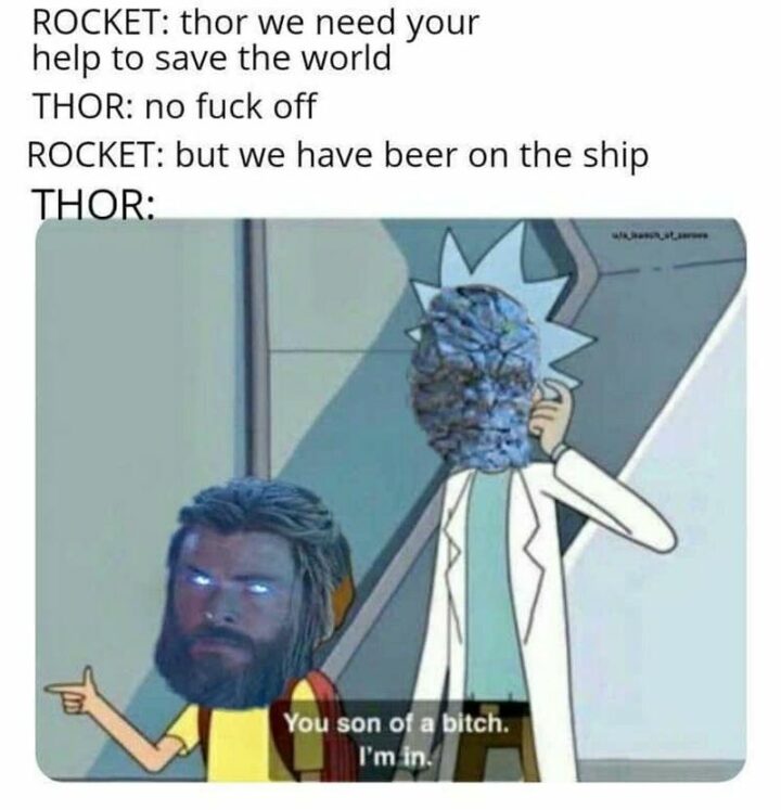 "Rocket: Thor we need your help to save the world. Thor: No [censored] off. Rocket: But we have beer on the ship. Thor: You son of a [censored]. I'm in."