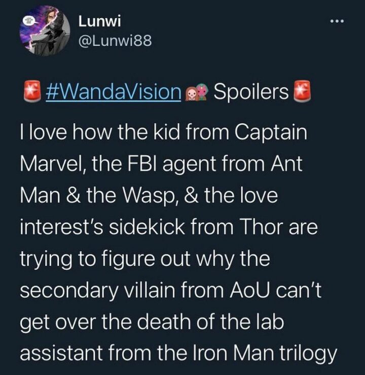"I love how the kid from Captain Marvel, the FBI agent from Ant-Man & the Wasp, & the love interest's sidekick from Thor are trying to figure out why the secondary villain from AoU can't get over the death of the lab assistant from the Iron Man trilogy."
