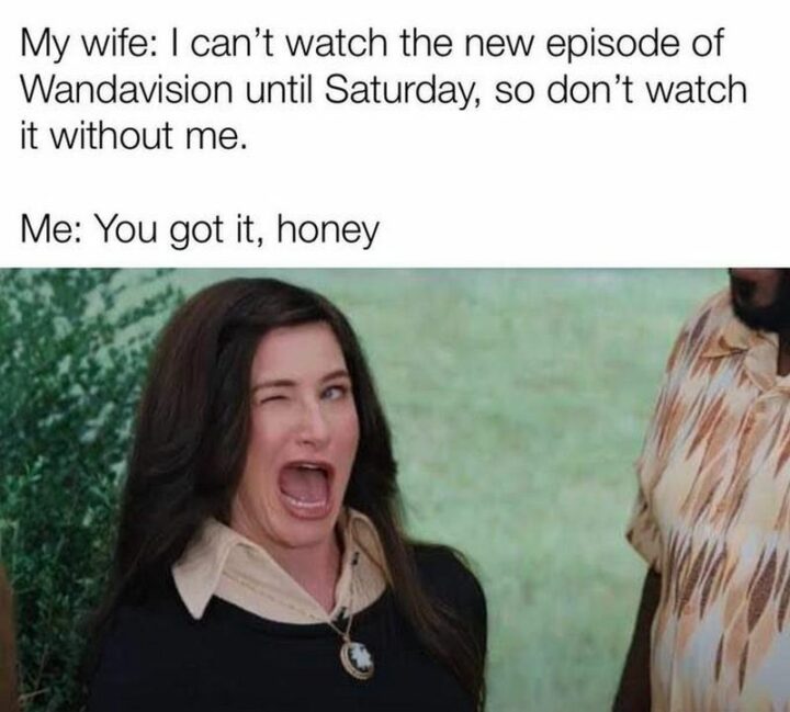 "My wife: I can't watch the new episode of WandaVision until Saturday, so don't watch it without me. Me: You got it, honey."