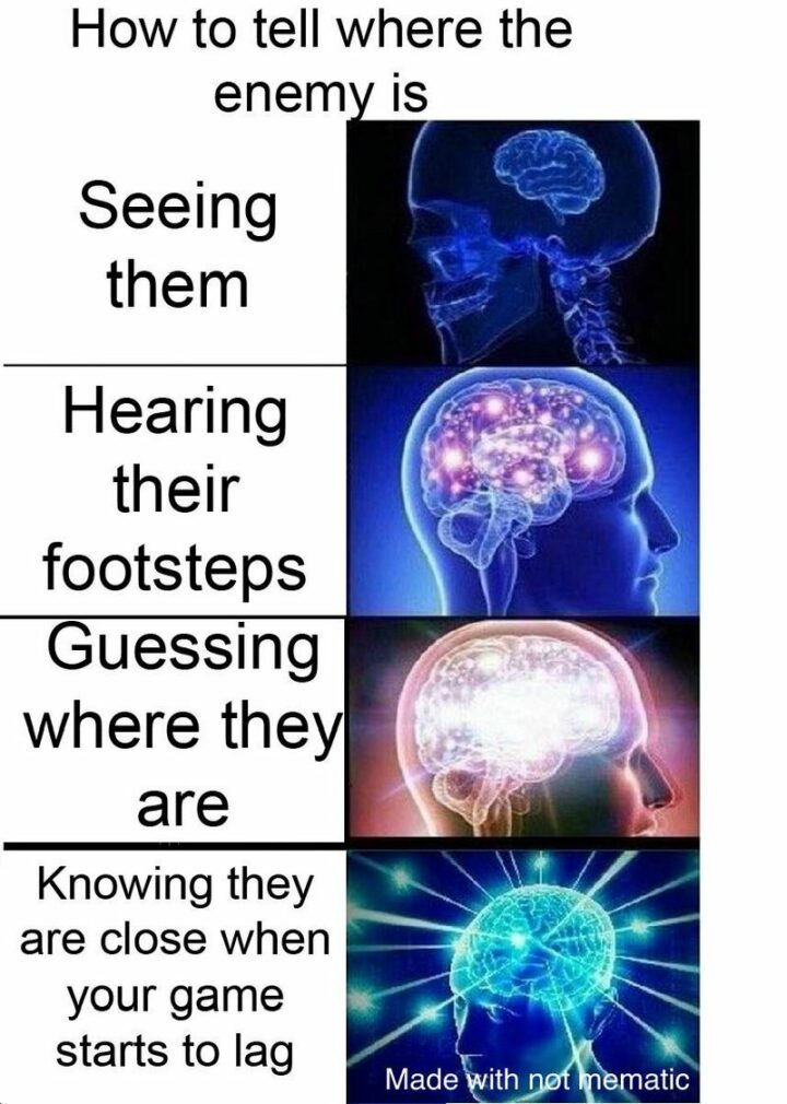 35 Gaming Memes - "How to tell where the enemy is: Seeing them. Hearing their footsteps. Guessing where they are. Knowing they are close when the game starts to lag."