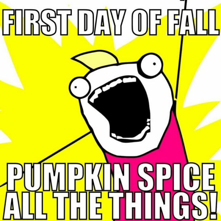 45 Fall Memes - "First day of fall. Pumpkin spice all the things!"