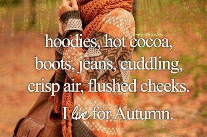 "Hoodies, hot cocoa, boots, jeans, cuddling, crisp air, flushed cheeks. I live for Autumn."