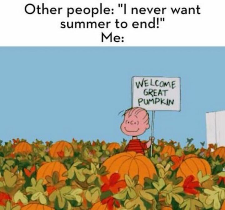 "Other people: I never want summer to end! Me: Welcome great pumpkin."