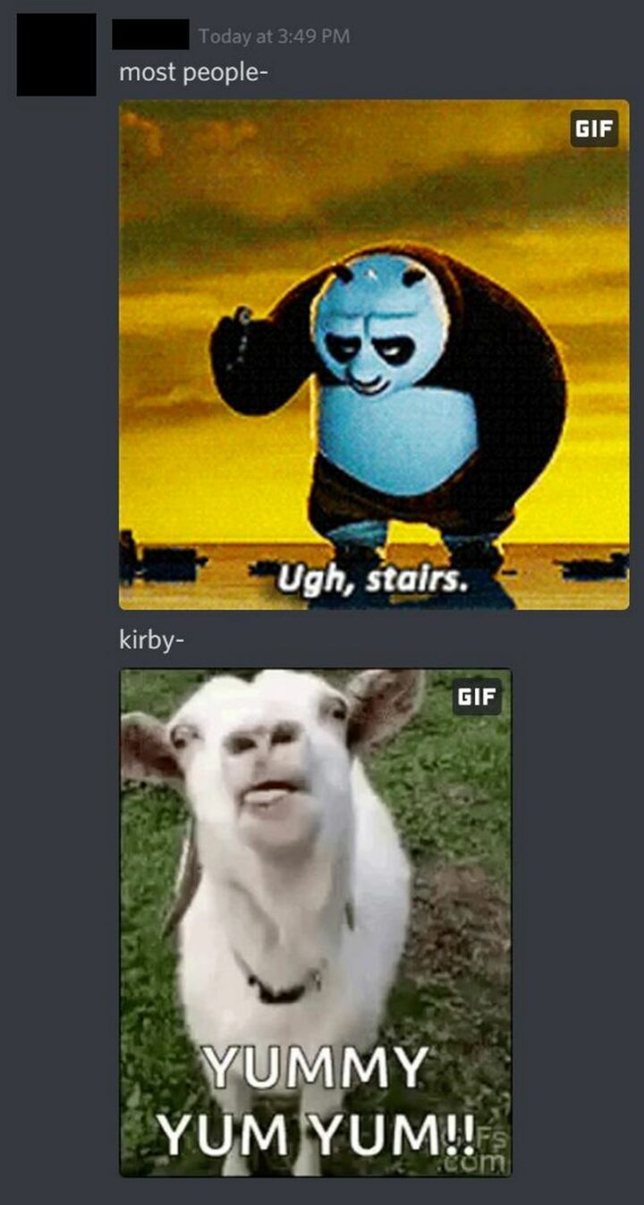 "Most people: Ugh, stairs. Kirby: Yummy yum yum!!"