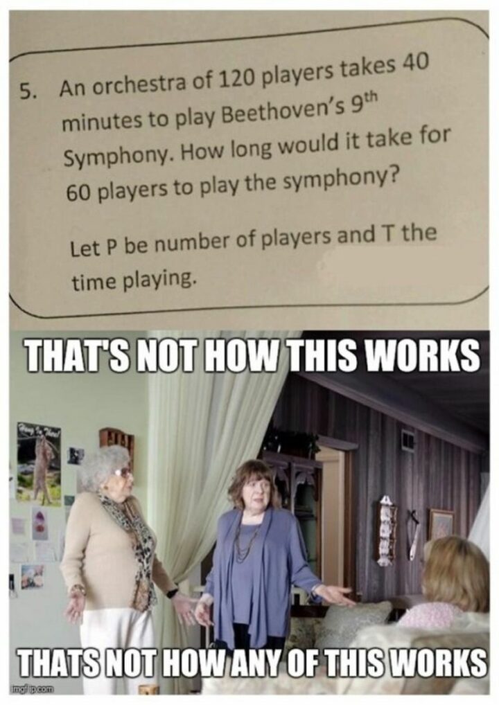 39 Music Memes - "An orchestra of 120 players takes 40 minutes to play Beethoven's 9th Symphony. How long would it take for 60 players to play the symphony? Let P be the number of players and T the time playing. That's not how this works. That's not how any of this works."
