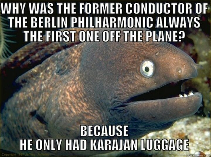 "Why was the former conductor of the Berlin Philarmonic always the first one off the plane? Because he only had Karajan luggage."