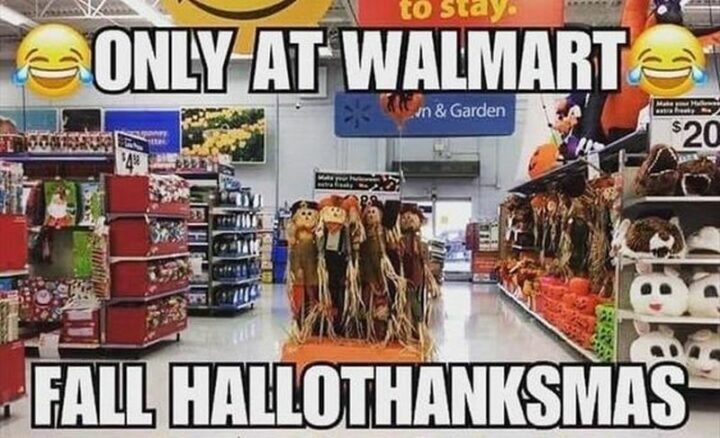 "Only at Walmart. Fall Hallothanksmas."