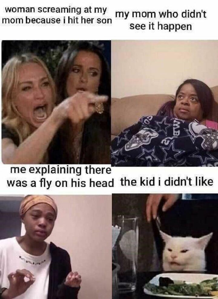 "Woman screaming at my mom because I hit her son. My mom didn't see it happen. Me explaining there was a fly on his head. The kid I didn't like."