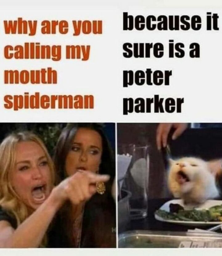 "Why are you calling my mouth spiderman? Because it sure is a Peter Parker."