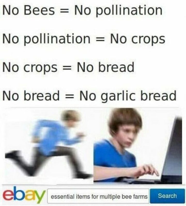 "No bees = No pollination. No pollination = No crops. No crops = No bread. No bread = No garlic bread."
