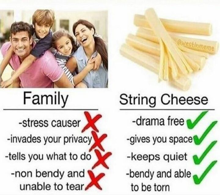 "Family: Stress-causer. Invades your privacy. Tells you what to do. Non-bendy and unable to tear. String cheese: Drama free. Gives you space. Keeps quiet. Bendy and able to be torn."