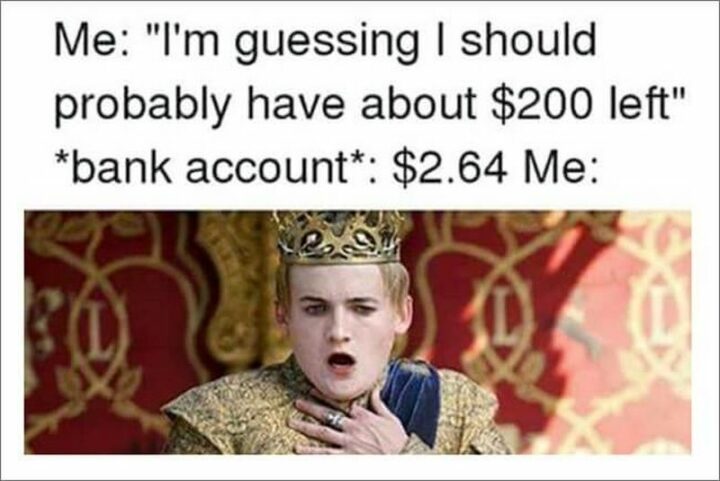 "Me: I'm guessing I should probably have about $200 left. Bank account: $2.64. Me:"