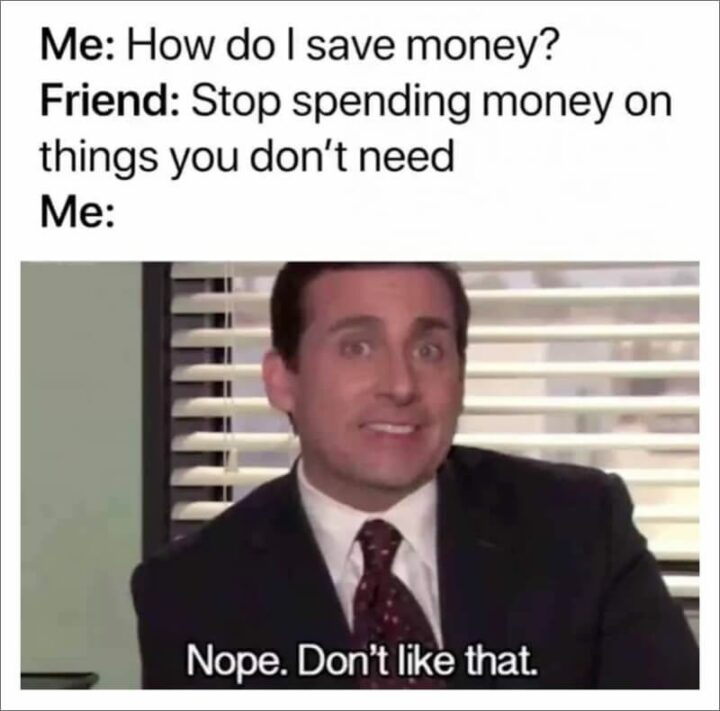 "Me: How do I save money? Friend: Stop spending money on things you don't need. Me: Nope. Don't like that."