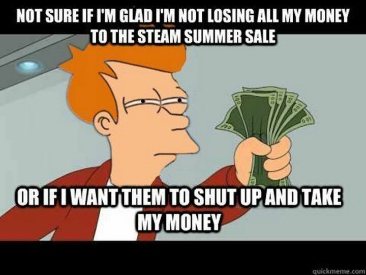 "Not sure if I'm glad I'm not losing all my money to the Steam summer sale or if I want them to shut up and take my money."