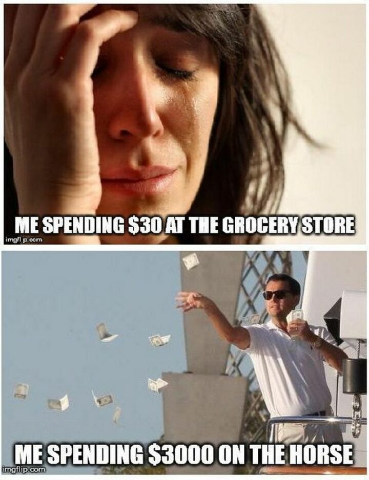 "Me spending $30 at the grocery store. Me spending $3000 on the horse."