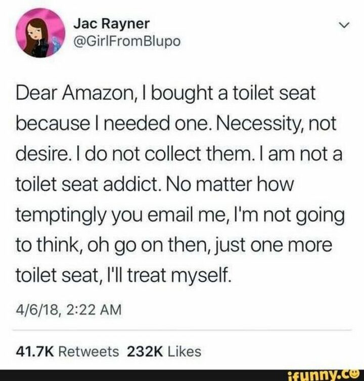 "Dear Amazon, I bought a toilet seat because I needed one. Necessity, not desire. I do not collect them. I am not a toilet seat addict. No matter how temptingly you email me, I'm not going to think, oh go on then, just one more toilet seat, I'll treat myself."