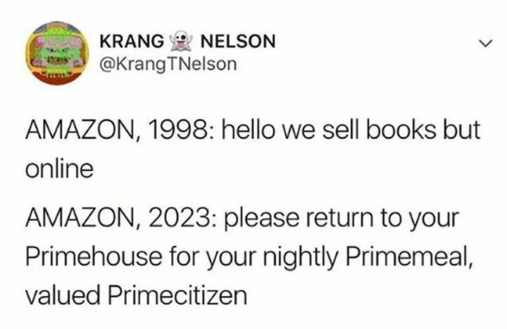 "Amazon, 1998: Hello we sell books but online. Amazon, 2023: Please return to your Primehouse for your nightly Primemeal, valued Primecitizen."