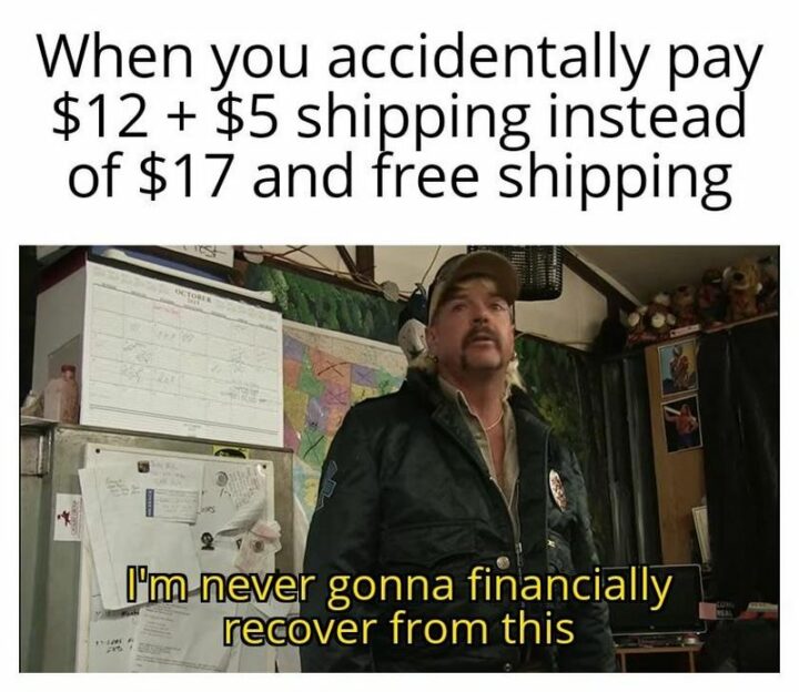 "When you accidentally pay $12 + $5 shipping instead of $17 and free shipping: I'm never gonna financially recover from this."