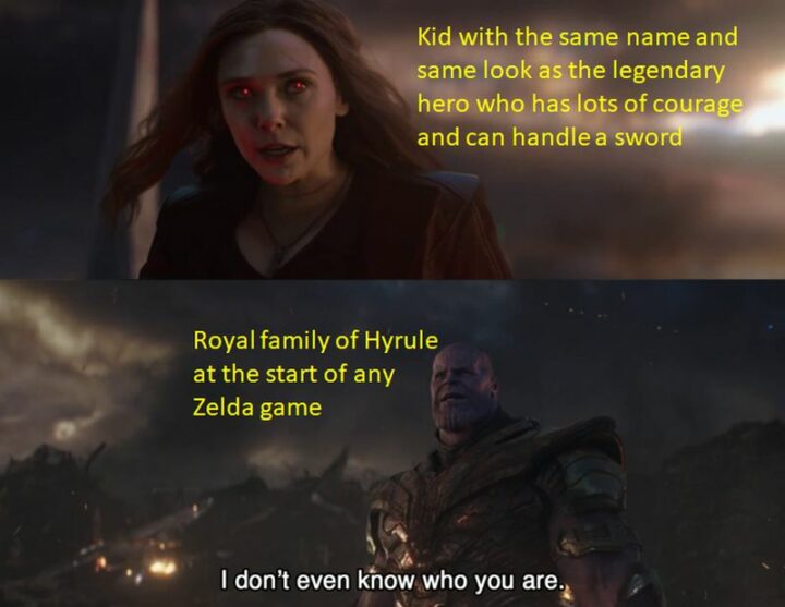 "Kid with the same name and same look as the legendary hero who has lots of courage and can handle a sword. The royal family of Hyrule at the start of any Zelda game: I don't even know who you are."