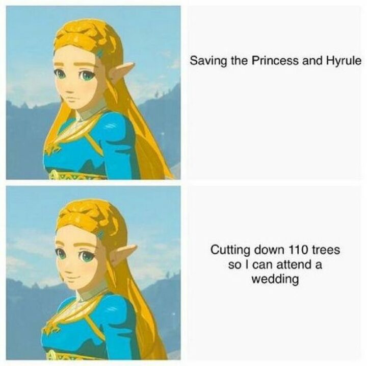 "Saving the Princess and Hyrule. Cutting down 110 trees so I can attend a wedding."
