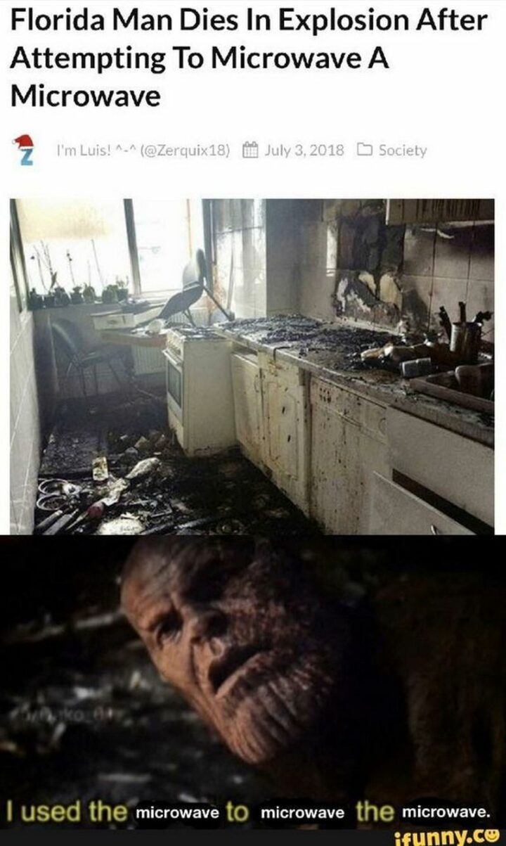 27 Thanos Memes  - "Florida man dies in an explosion after attempting to microwave a microwave. I used the microwave to microwave the microwave."