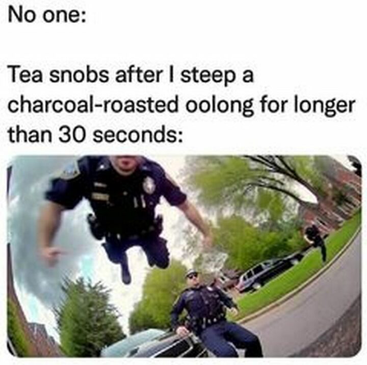 "No one: Tea snobs after I steep a charcoal-roasted oolong for longer than 30 seconds."