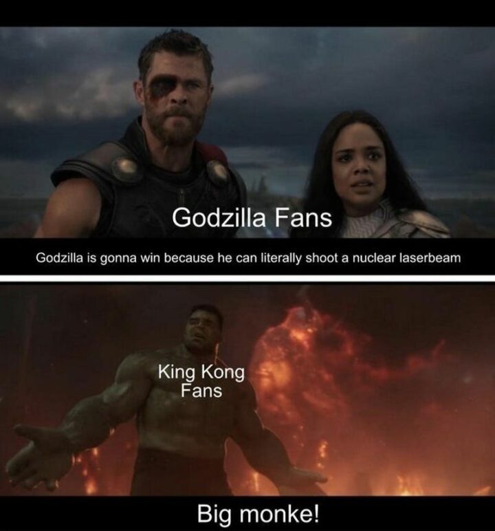 "Godzilla fans: Godzilla is gonna win because he can literally shoot a nuclear laser beam. King Kong fans: Big monkey!"