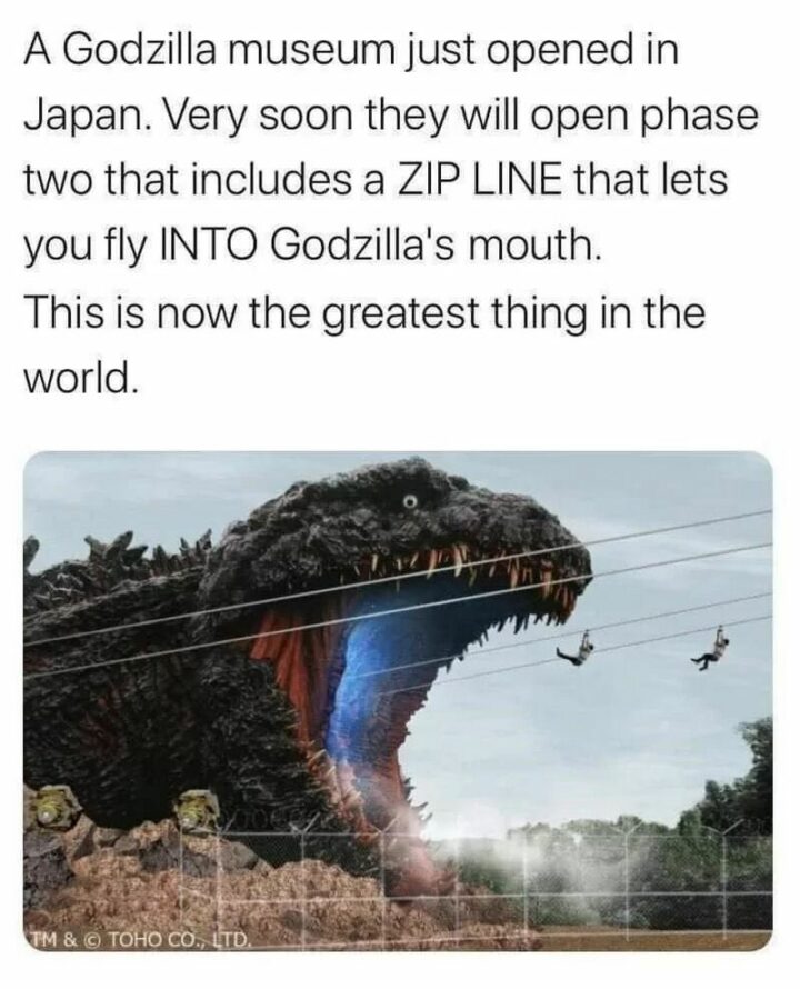 "A Godzilla museum just opened in Japan. Very soon they will open phase two which includes a zip line that lets you fly into Godzilla's mouth. This is now the greatest thing in the world."
