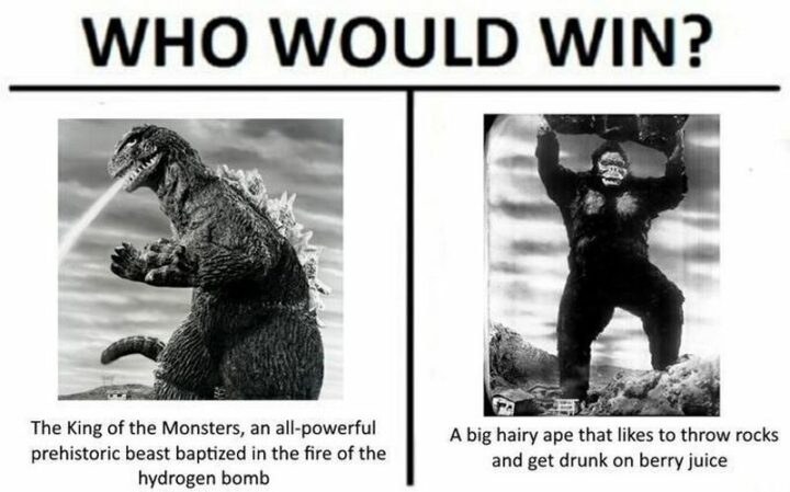 "Who would win? The king of the monsters, an all-powerful prehistoric beast baptized in the fire of the hydrogen bomb. A big hairy ape that likes to throw rocks and get drunk on berry juice."