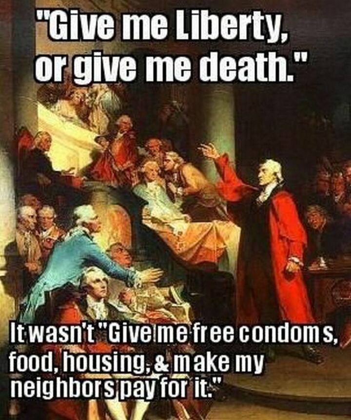 35 Silly Memes - "'Give me liberty, or give me death.' It wasn't 'Give me free condoms, food, housing, and make my neighbors pay for it.'"
