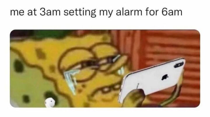 "Me at 3 am setting my alarm for 6 am."