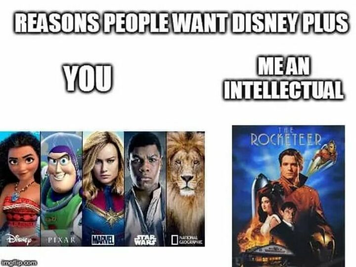 "Reasons you want Disney Plus. You: Disney, Pixar, Marvel, Star Wars, and National Geographic. Me an intellectual: The Rocketeer."