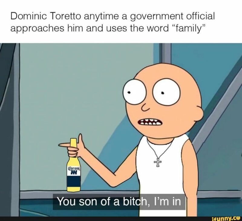 "Dominic Toretto anytime a government official approaches him and uses the word 'family.' You son of a [censored], I'm in."
