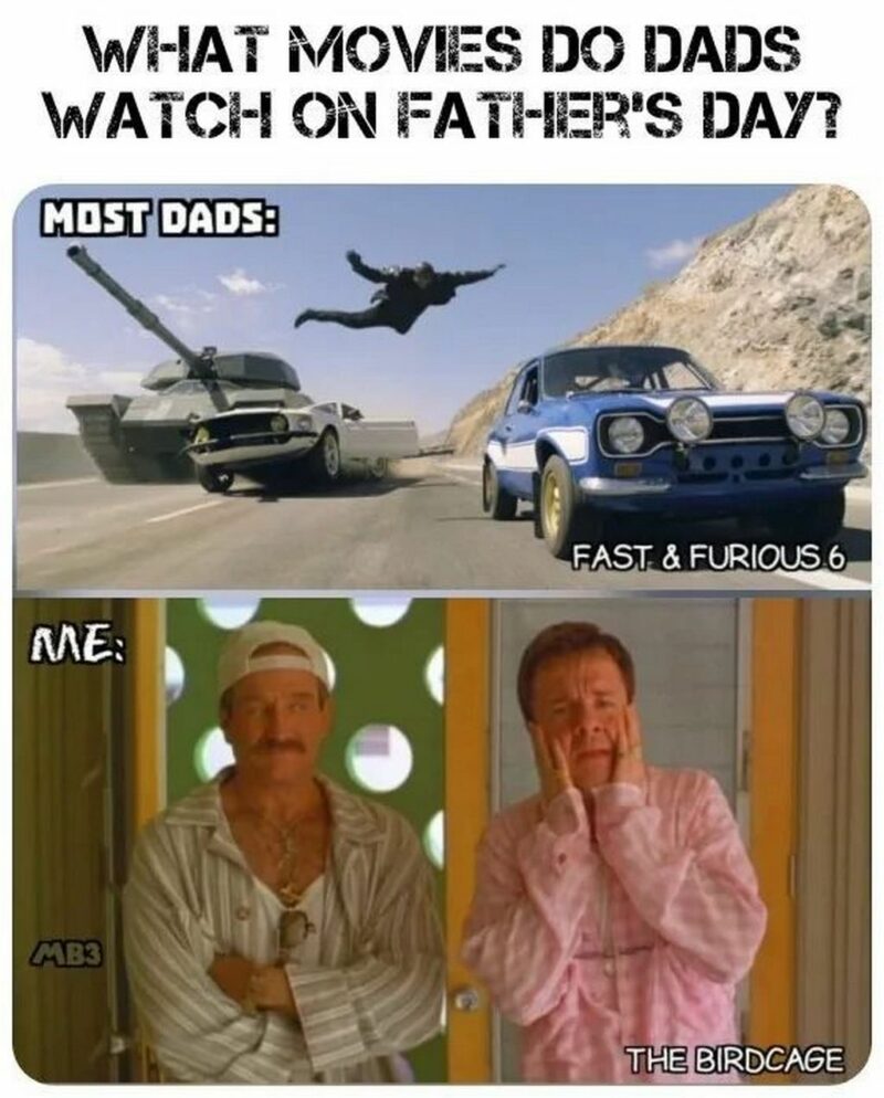 "What movies do dads watch on Father's Day? Most dads: Fast & Furious 6. Me: The Birdcage."