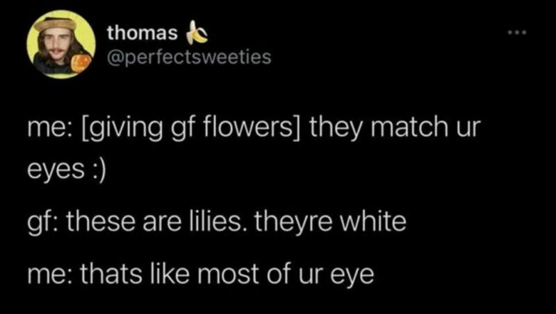 41 Delightful Flower Memes - "Me: [giving gf flowers] They match your eyes. Gf: These are lilies, they're white. Me: That's like most of ur eye."