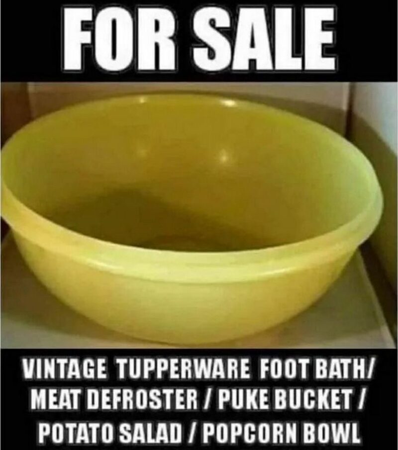 "For sale: Vintage Tupperware foot bath/meat defroster/puke bucket/potato salad/popcorn bowl."