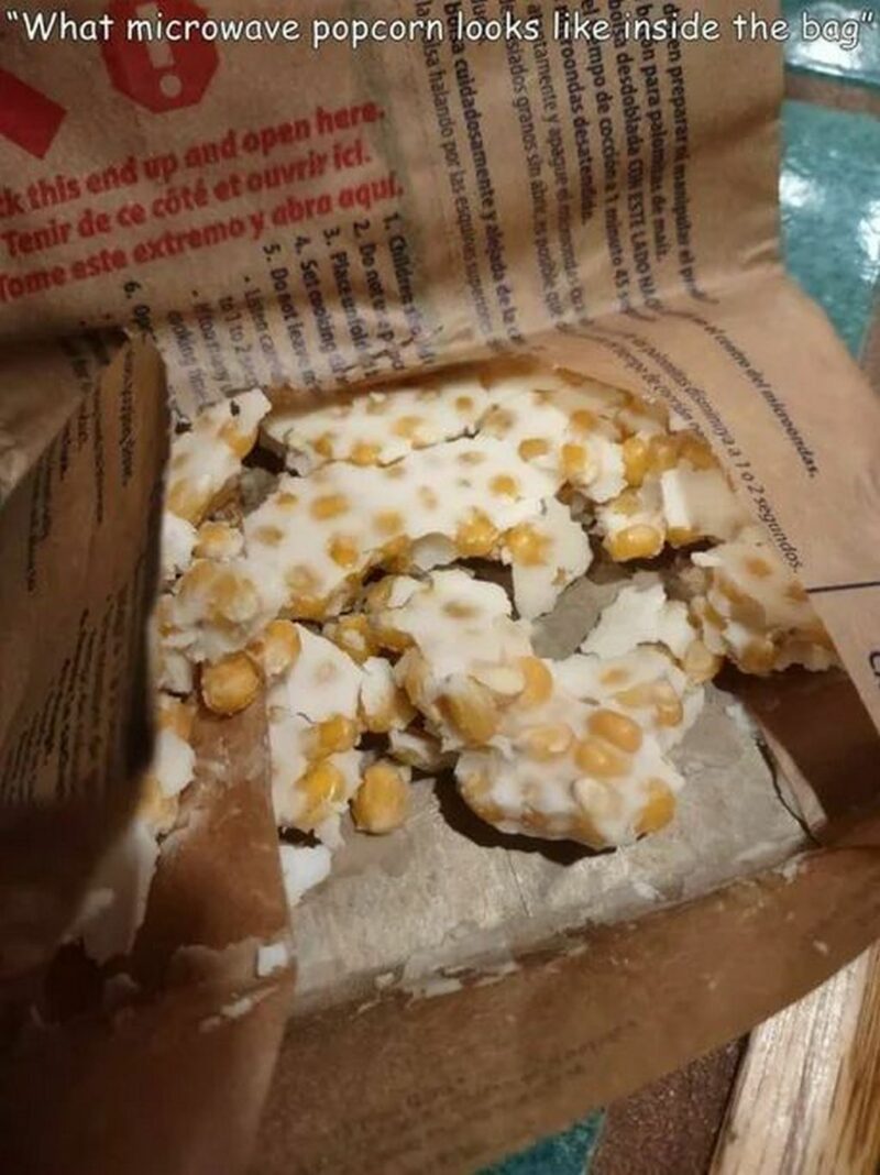 "What microwave popcorn looks like inside the bag."