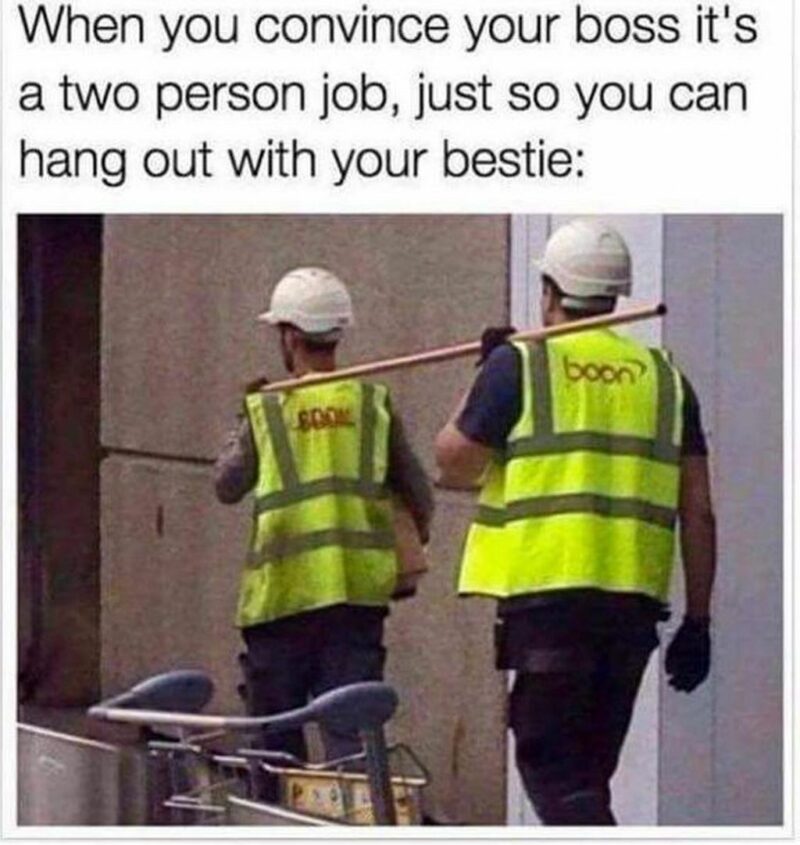 "When you convince your boss it's a two-person job, just so you can hang out with your bestie."