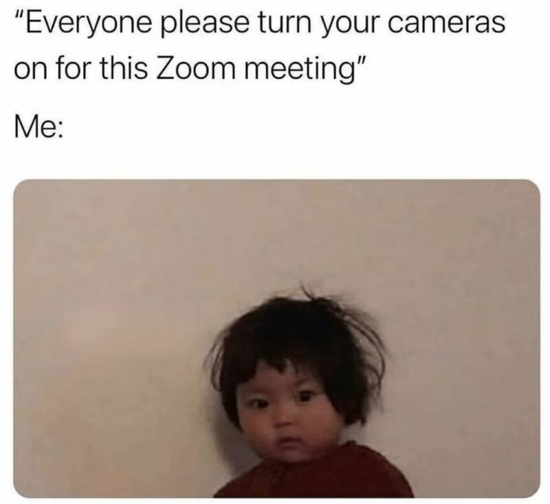 "Everyone please turn your cameras on for this Zoom meeting. Me:"