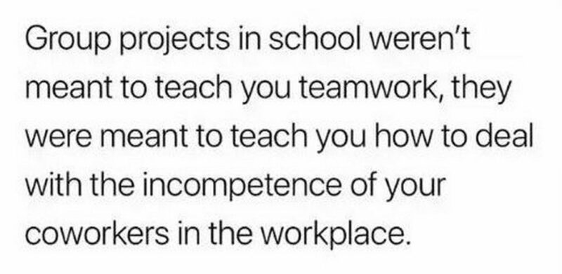 "Group projects in school weren't meant to teach you teamwork, they were meant to teach you how to deal with the incompetence of your coworkers in the workplace."