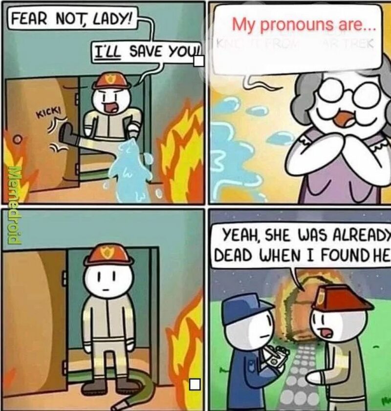 "Fear not, lady! I'll save you. My pronouns are...Yeah, she was already dead when I found her."