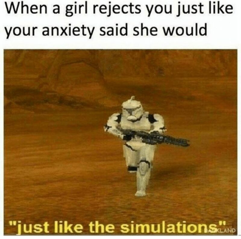 35 mental health memes - "When a girl rejects you just like your anxiety said she would: Just like the simulations."