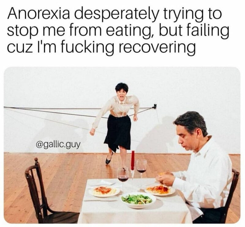 35 mental health memes - "Anorexia desperately trying to stop me from eating, but failing cuz I'm [censored] recovering."