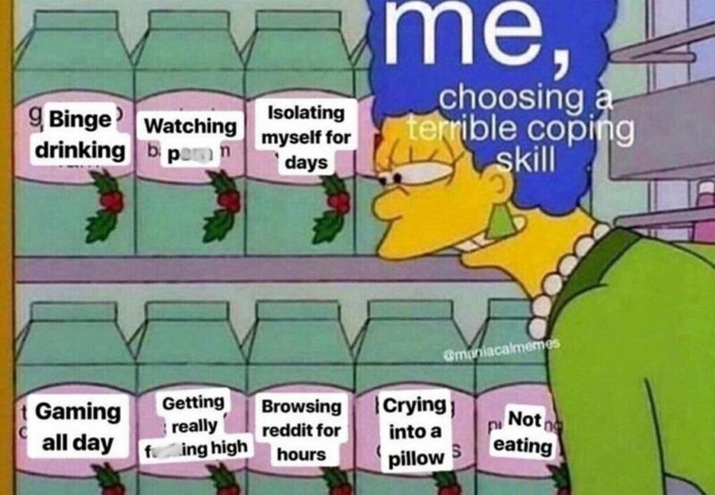 35 mental health memes - "Me, choosing a terrible coping skill: Binge drinking. Watching [censored]. Isolating myself for days. Gaming all day. Getting really [censored] high. Browsing Reddit for hours. Crying into a pillow. Not eating."